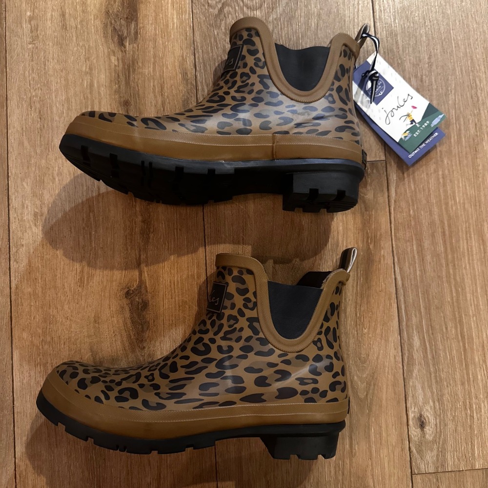 Joules Wellibob Leopard Print Rain Boots Womens 9 Brown Black Waterproof Ankle